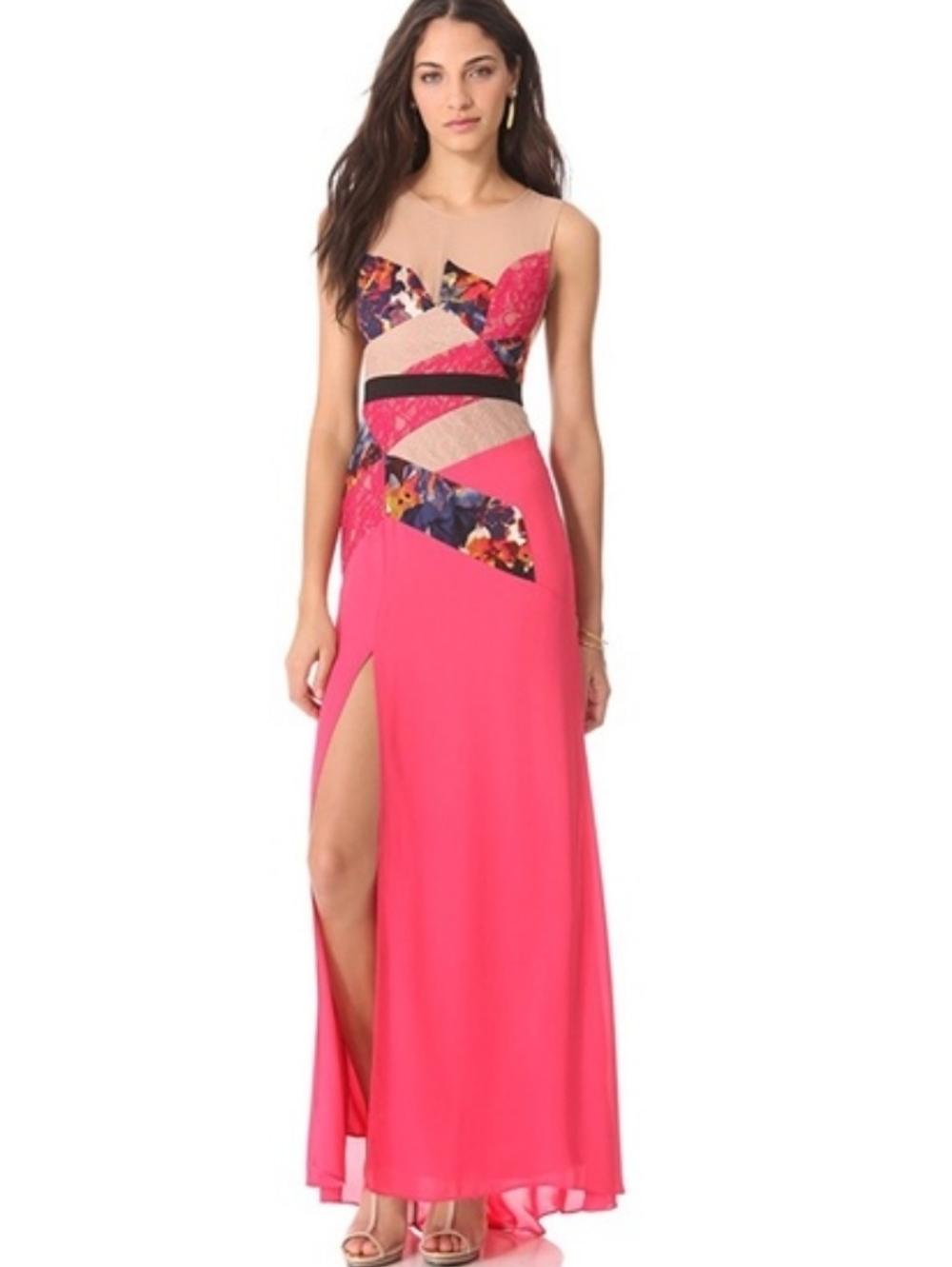 BCBG MAX AZRIA Lonnie Hot Pink Maxi Dress Lace Cutout Panel Open Back Evening - Picture 3 of 10